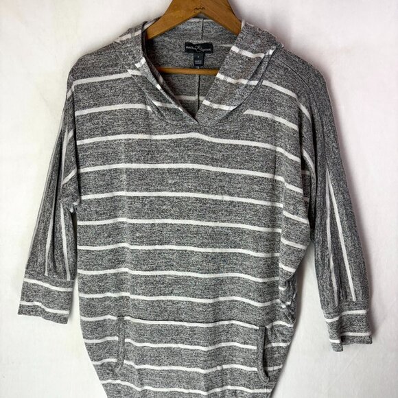 Market & Spruce Tops - Market & Spruce Gray Striped Hooded Pullover Tunic Length